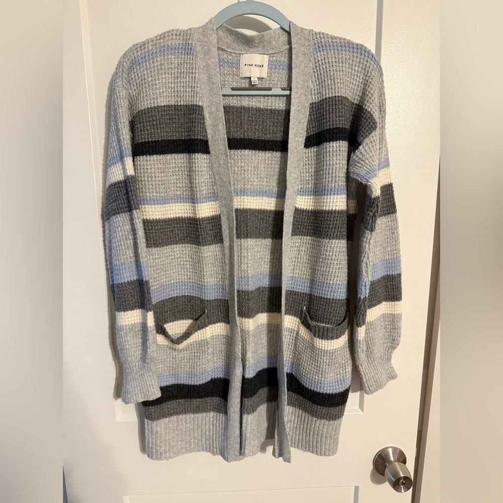 Pink Rose Women's Cozy Striped Cardigan - Gray, Black, Blue